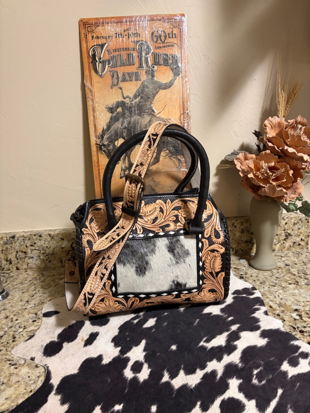 Western Tooled Leather Satchel Handbag with Black & Cream Cowhide